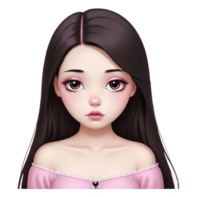 girl with white skin, dark brown long realistic straight hair with middle part prominently falling in front of her body over her shoulders, very big pouty extra shiny lips with absolutely no cupid's bow, big round shiny eyes with black eyeballs and huge eyelashes, no eyeshadow, pink blush on cheeks, lighter button nose, very long oval-shaped face, wearing a pink off-shoulder top, looking directly at camera with hands down at sides sticker