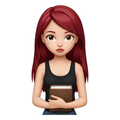 a pretty bratz fair girl with dark red straight hair, black cami top, looking sad holding books. looking sad sticker