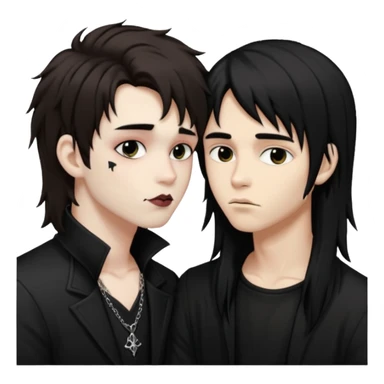 Goth Boys, one goth boy pale with shaggy brown hair and makeup, the other a goth boy tan with long black hair, kissing sticker