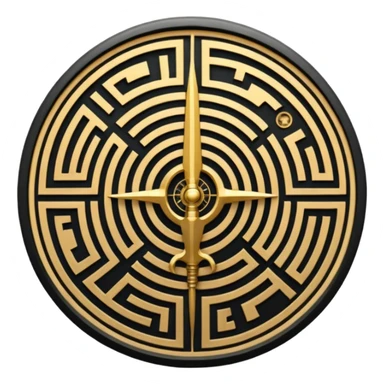 A vertical sword in the center of a circular maze, inside of which is embedded a thin astrolabe. The lines are strict, geometric, and symmetrical. The material is a dark metal (antimonium). The style is a minimalistic alchemical sign. sticker