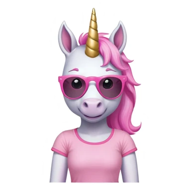 friendly anthropomorphised female unicorn with horse-like face, in tutu and pink t-shirt, wearing dark sunglasses, relaxed pose, close-crop head and shoulders portrait sticker