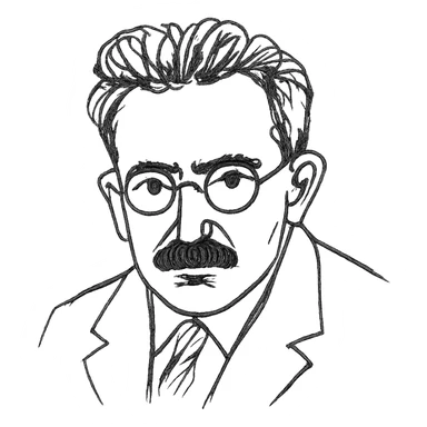 a hand drawn black outline portrait of Walter Benjamin with similar size eyes based a famous photograph of him sticker