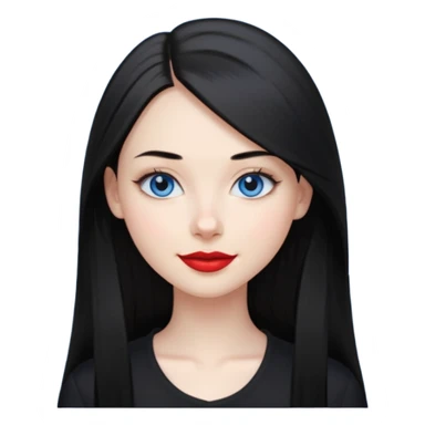 20 yr old woman long straight black hair, pale skin, blue eyes, red lipstick, black clothes, small smile sticker
