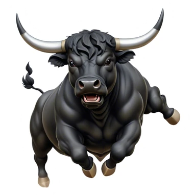 ​Cinematic Realistic Black Charging Bull, depicted in mid-charge with a powerful, muscular form and glossy black hide glistening under dynamic dramatic lighting, dust and motion captured mid-air to exude raw strength and unbridled energy on an expansive arena, sticker