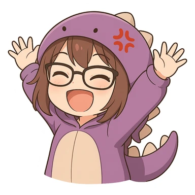 Chibi anime style gamer girl with glasses, brown hair, dark purple eyes, wearing a purple dinosaur costume, new pose with arms up in excitement, making a laughing expression, no controller, no background, same style as reference. sticker