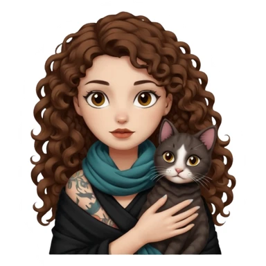 bust woman long curly brown hair brown eyes white skin tattoos with black cat wrapped around shoulders like scarf sticker