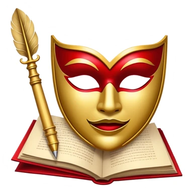 Create a bold and dramatic emoji representing the art of playwriting. The design should feature an open script or a theater playbook, with stylized text lines or dramatic dialogue inside. Include elements like a theatrical mask (comedy or tragedy), a stage spotlight, or a quill to symbolize creativity and performance. Use deep, contrasting colors like red, black, and gold to evoke the intensity and passion of drama. The overall design should feel dramatic, inspiring, and artistic. Make the background transparent. sticker