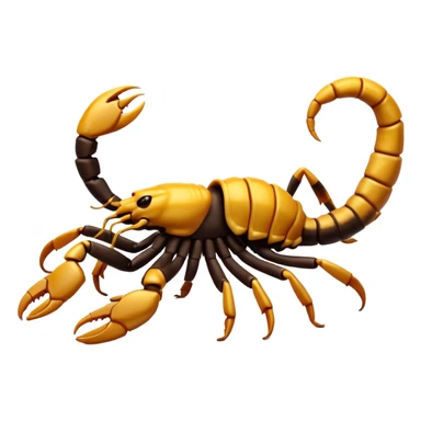 A 3D cartoon scorpion with shiny dark body and curled tail, on a light surface, realistic Memoji-style, soft lighting. sticker