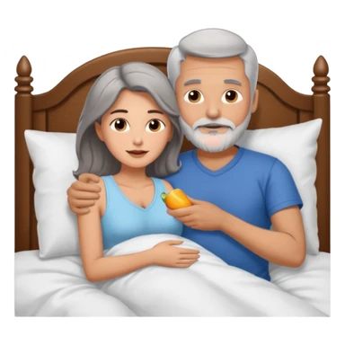 Man with grey hair and beard, and beautiful brunette woman spooning in bed sticker