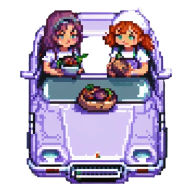 two girls eating an aubergine on the hood of a car, pixel art style sticker