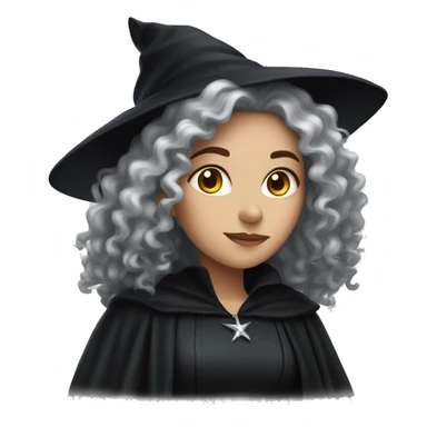 white women with long dark curly hair and a black witch costume sticker
