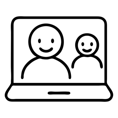 Minimalist illustration of a virtual meeting with two smiling individuals, one on a laptop screen, expressing connection and communication. sticker