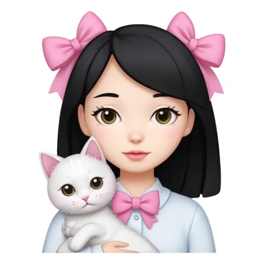 A gurl black hair with pink bow holding one white cat sticker