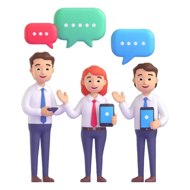 3D emoji style illustration of a friendly employee and a happy customer interacting, with dynamic elements like chat bubbles, a handshake, and digital devices, representing reinvented customer engagement sticker