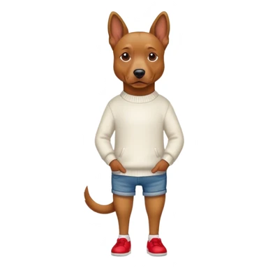 Brown dog standing upright with hands in jean pockets, wearing a white sweater and red shoes sticker