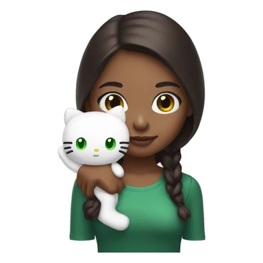 Give me a girl with green eyes and dark brown hair holding a hello kitty plushy sticker