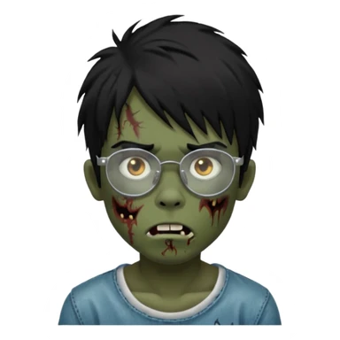 Boy, zombie, black hair, medium long, emo, shaggy, dark, spooky, creepy expression emoji, add transparent glasses, a risk on the eyebrow, some tattos sticker
