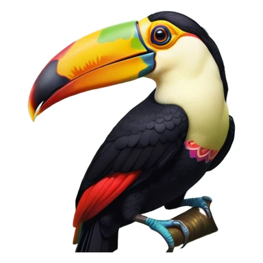 Cinematic Noble Toucan Portrait Emoji, Poised and regal, with a vibrant, striking beak and a sleek, colorful body adorned with bold patterns and keen, observant eyes, Simplified yet sharp and sophisticated features, highly detailed, glowing with a soft, tropical radiance, high shine, intelligent and majestic, stylized with an air of exotic elegance, focused and alert, soft glowing outline, capturing the essence of a watchful and confident avian guardian that appears ready to take flight out of the screen with effortless authority! sticker
