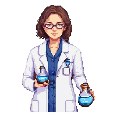Flat pixel art, a female chemist, wearing glasses, white lab coat over indigo shirt, focusing on lab experiment, holding a flask in her right hand, waist-up, front-facing sticker