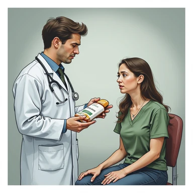 realistic illustration of a doctor in a white coat delivering medicine to a patient with a neutral or detached expression, the patient appears suffering, clinical background, atmosphere suggesting the medicine only masks symptoms sticker