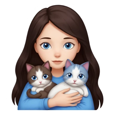 a girl with long dark 
brown hair, with blue eyes, hugs 3 different natural coloured cats sticker