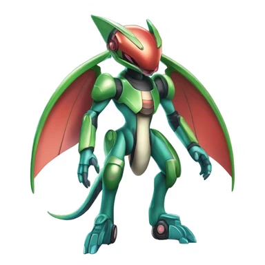 a shiny metallic Genesect-Flygon-Raptor-Fakémon-Medabot-hybrid with a futuristic visor-helmet full body sticker