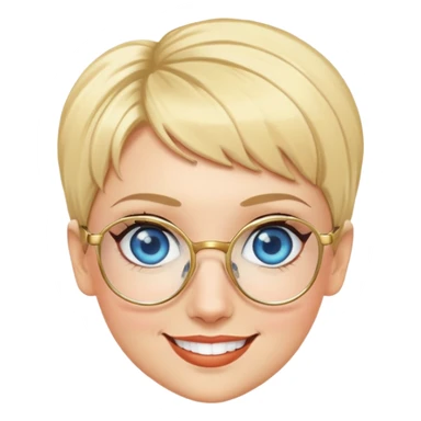 blonde teacher with pixie haircut, gold glasses, blue eyes, big eyelashes, nice smile sticker