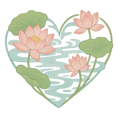 heart with a lotus pond theme, clean digital illustration sticker