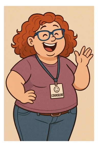 fun high school female counselor, curly red shoulder-length hair, blue glasses, overweight, cheerful expression, sense of humor, casual outfit, cartoon style sticker