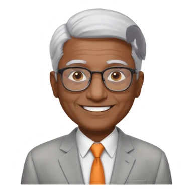 60 yr old indian man, short straight white hair brushed foreward , light grey business suit, big smile, dark brown skin, no moustache, dark brown eyes, glasses
 sticker