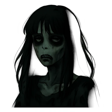 dark gothic style zombie girl with light skin, long black hair with bangs, moody and atmospheric sticker