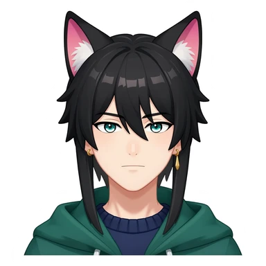Tighnari from Genshin Impact; anime man with long-straight-dark-black hair, long black fox ears with pink Scapha, colorful-gradient-brown-turquoise eyes, gold earring, dark-blue-sweater, green cape, white pupils sticker