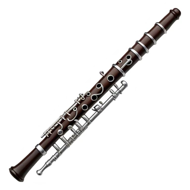 Create an elegant and detailed emoji representing a black oboe with a reed. The design should showcase the sleek, dark wood finish of the oboe, with the metal keys clearly visible. The reed should be delicately placed at the top of the instrument, emphasizing its essential role in producing sound. Add subtle details like the silver or brass accents on the keys to reflect the high-quality craftsmanship of the instrument. Use deep black, silver, and wood tones for the oboe to capture its sophisticated appearance. The background should be transparent. sticker