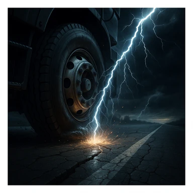 a flat semi truck tire on a highway being struck by lightning, dramatic, dynamic, realistic illustration sticker