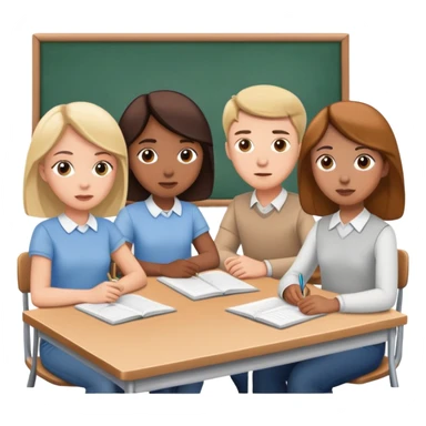 five caucasian people sitting together in classroom learning sticker