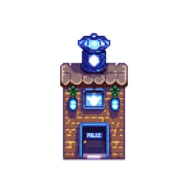 pixel art city police station with flashing lights and police sign sticker
