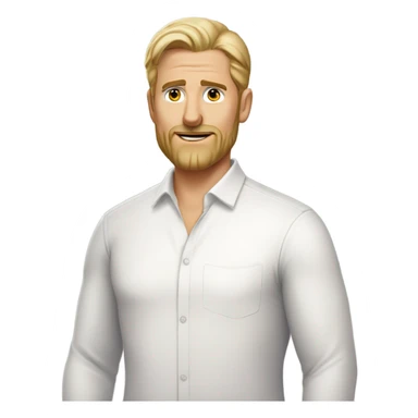 middle aged english man, short slicked back hair blonde, blonde medium length size full beard, eyesbrows not raised, in a smart white unbuttoned shirt. sticker