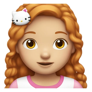 Ginger girl with long hair and brown eyes, a hello kitty shirt sticker