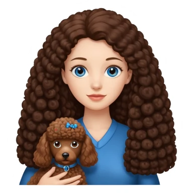 Kobieta w białej koszuli, z długimi brązowymi włosami i niebieskimi oczami trzyma na rękach jednokolorowego, brązowego pudla. sticker