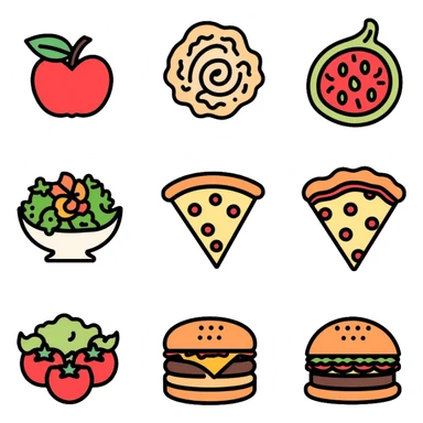 food icon set with pizza, burger, and salad sticker
