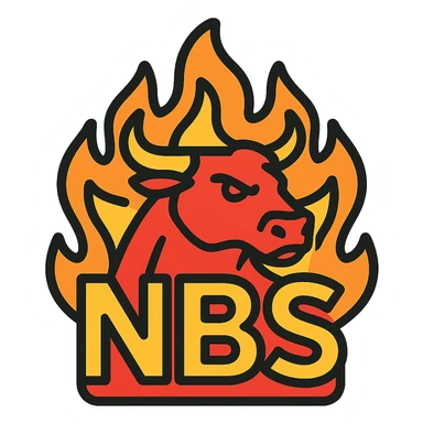 bold text 'NBS' in front of a strong bull, both outlined in fire, vibrant and popping, designed as a Discord emoji sticker