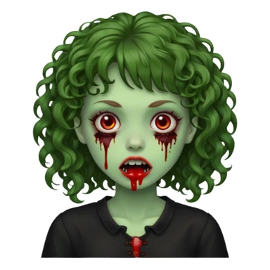 Green zombie emoji girl with curly Brown hair, with curly bangs, wearing a black bluse, blood Just in the tongue  sticker