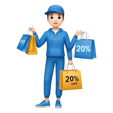 Person who is waiting the sale promotion with 20% off sign, wearing blue outfit and hanging some shopping bags sticker