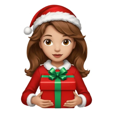 a girl with wavy brown hair wearing a christmas clothes and holding a gift sticker