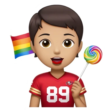 Gay pride 49ers fan licking rainbow lollipop and holding rainbow flag sticker