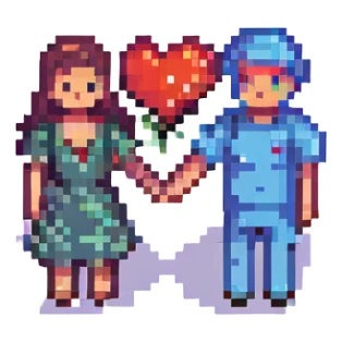 a couple holding hands with a heart above them pixel art love icon sticker