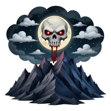 A dark and evil mountain range with a creepy moon and clouds over head. In the style of your bleeding skull art sticker