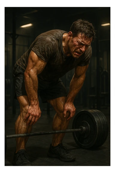 Uomo in palestra durante un allenamento, piegato su sé stesso con le mani sulle ginocchia, sudato, visibilmente esausto. Ha un'espressione di frustrazione e affaticamento estremo. Pesi pesanti accanto a lui, atmosfera intensa, luci soffuse. Il corpo mostra segni di sforzo eccessivo e accumulo di fatica. in italiano sticker