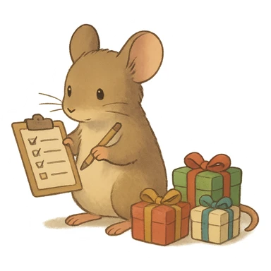 mouse with checklist and mini presents in soft Ghibli style sticker