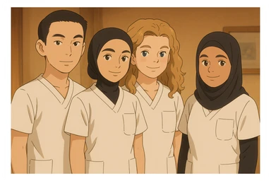 Four nursing students standing side by side in a warm indoor ambiance, wearing white short-sleeved uniform tops without collars or undershirts, forearms bare, no stethoscopes. The tops are medical tunics with V-necks and a chest pocket on the left side, in Ghibli style. sticker